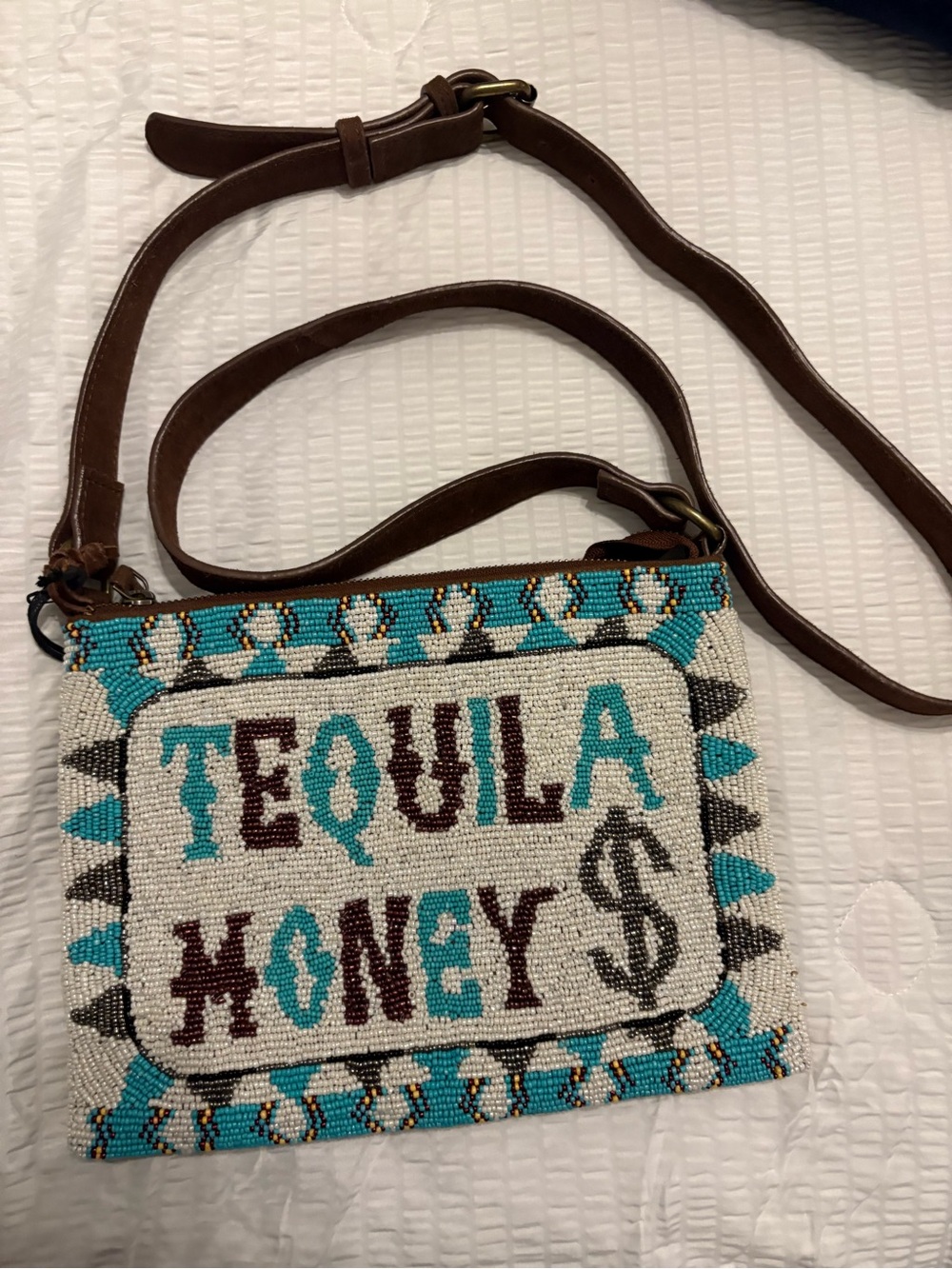 Idyllwind Beaded Crossbody Bag in Turquoise, Brown and Cream
